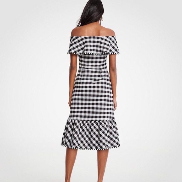 Ann Taylor Black White Gingham Off the shoulder Midi Dress - Picture 3 of 12